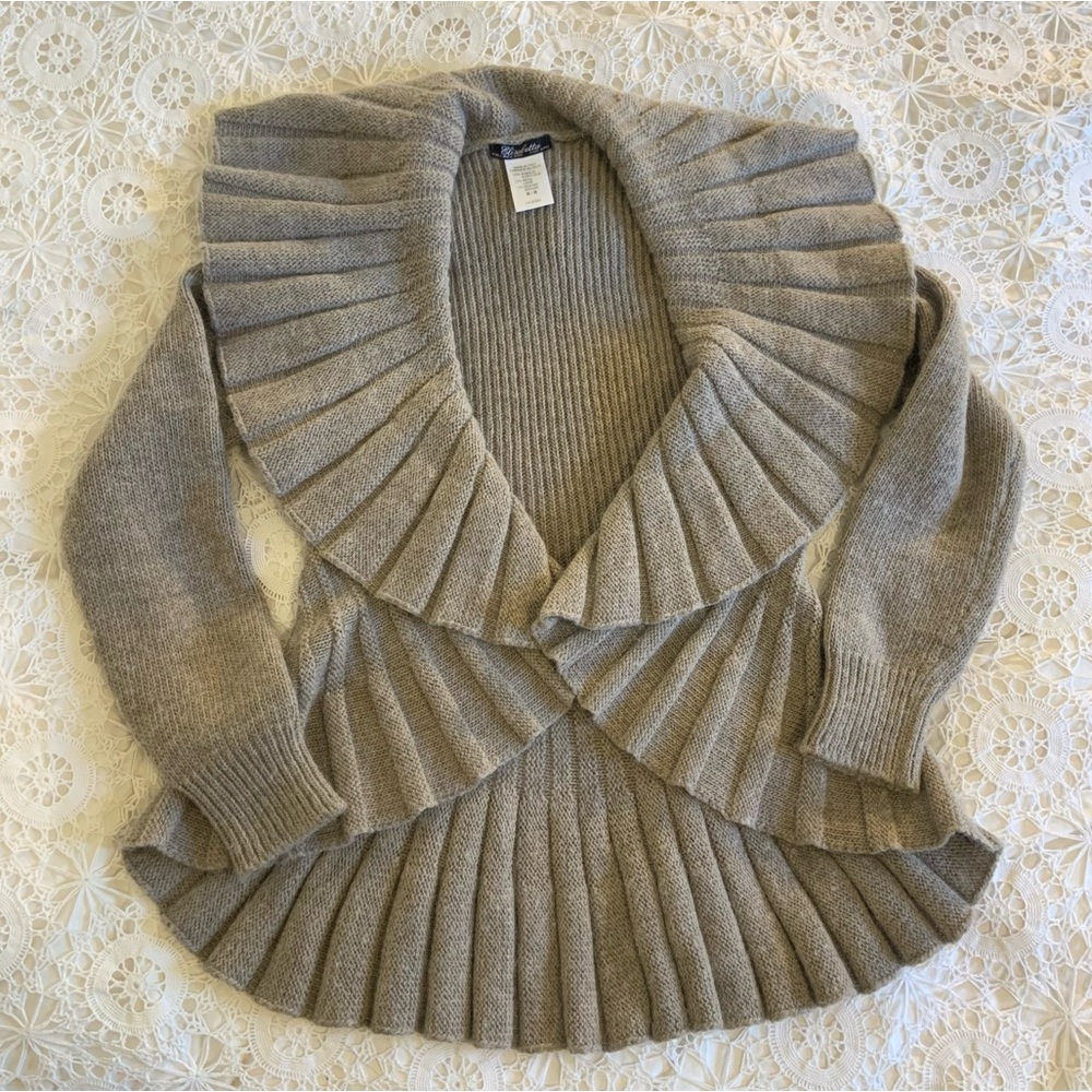 Women's Taupe Ruffled Shawl-Collar Sweater